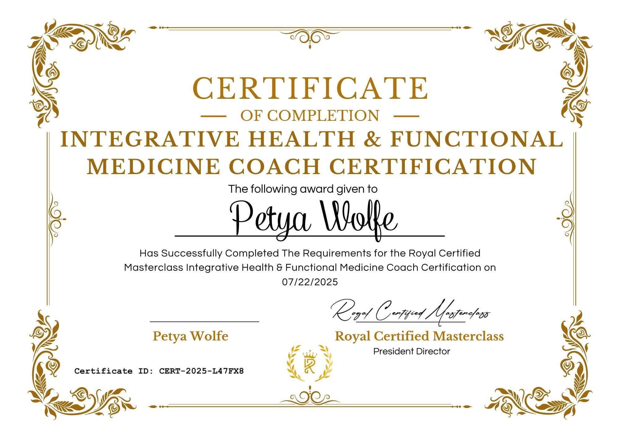 Certified Health & Functional Medicine Coach Certificate — Petya Wolfe