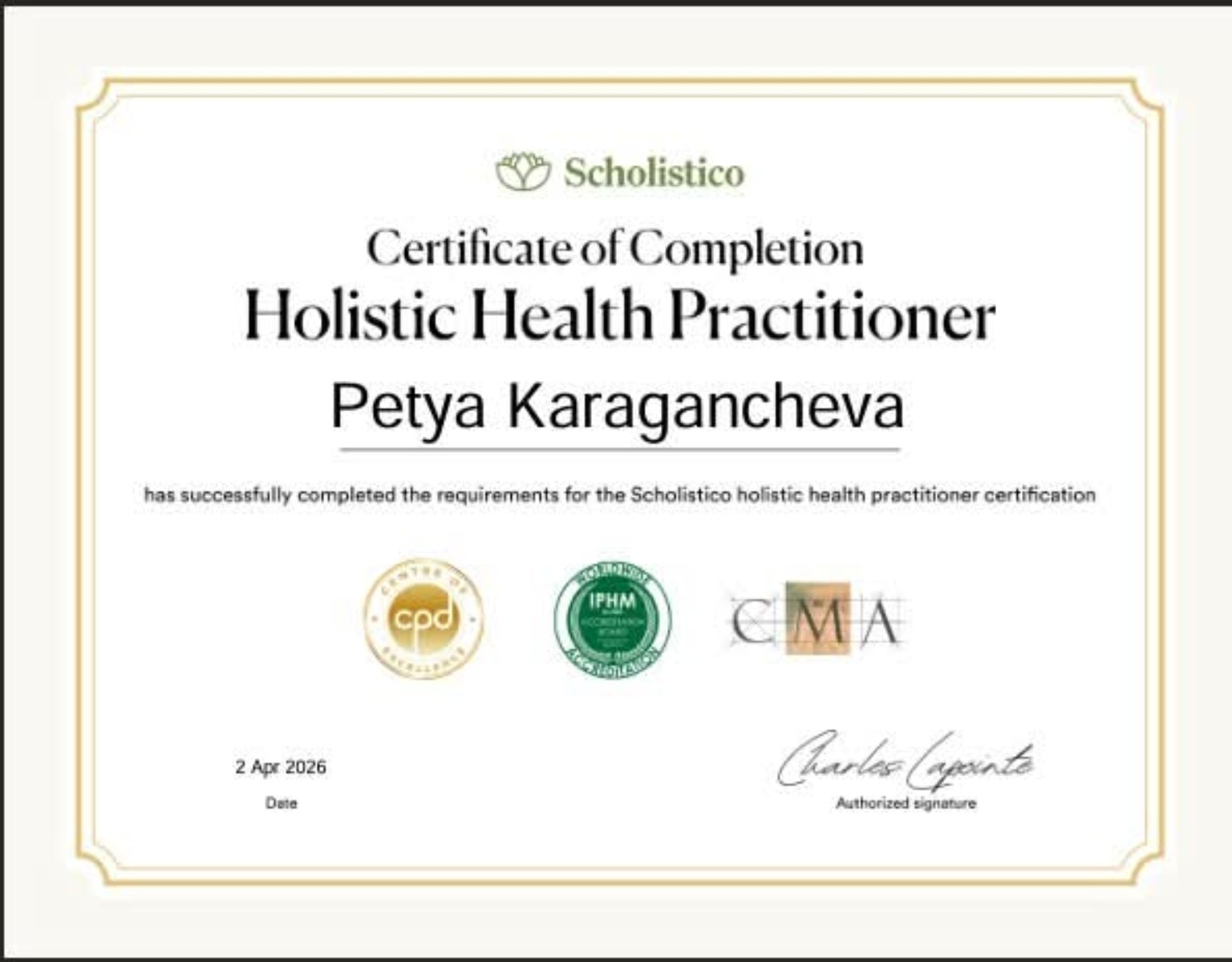 Certified Holistic Health Consultant Certificate — Petya Wolfe, Scholistico